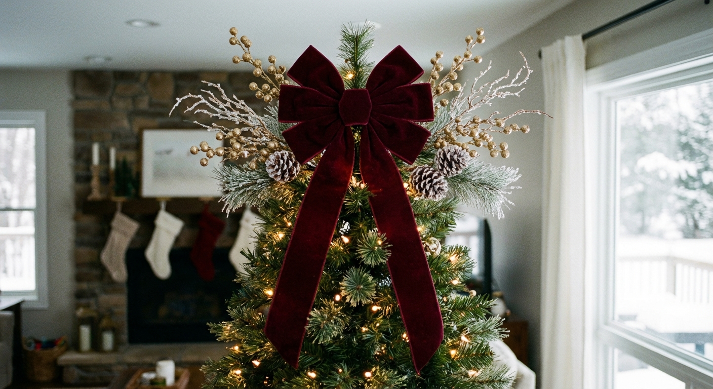 A Christmas tree top styled with a large velvet bow and a few glittering faux stems, photographed in a softly lit living room
