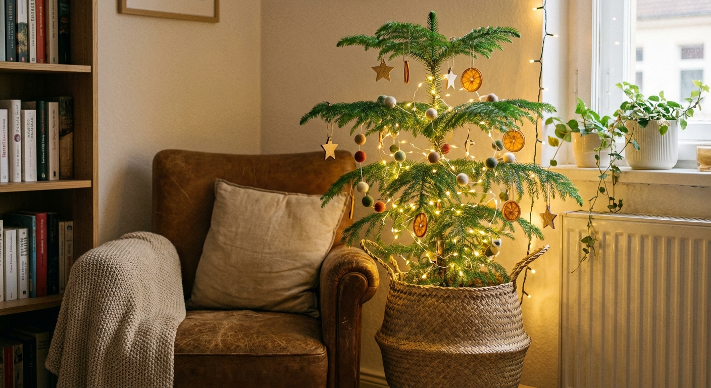 A Norfolk Island pine houseplant in a woven basket with warm white lights and small neutral ornaments in a cozy apartment corner