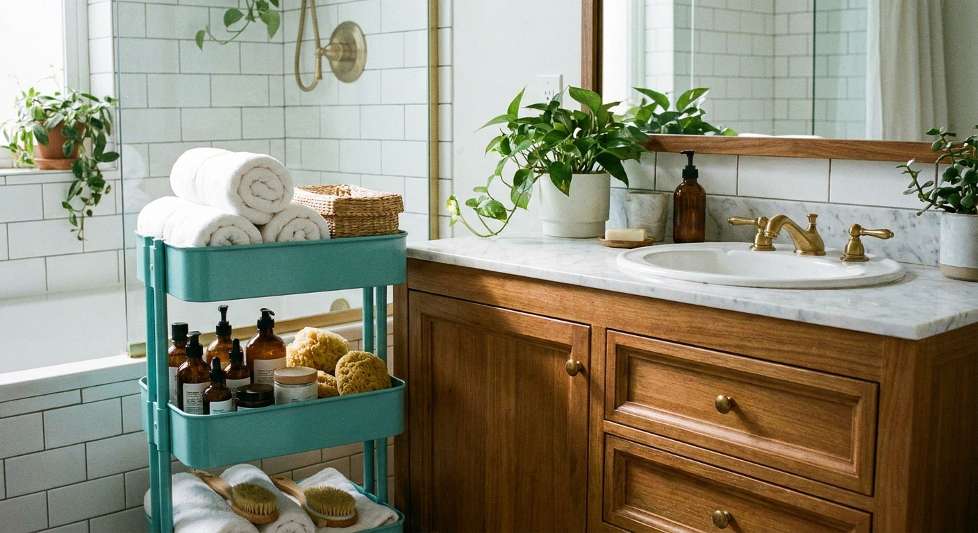 A RÅSKOG cart in a bathroom holding rolled towels, skincare bottles, and a small basket, styled neatly beside a vanity