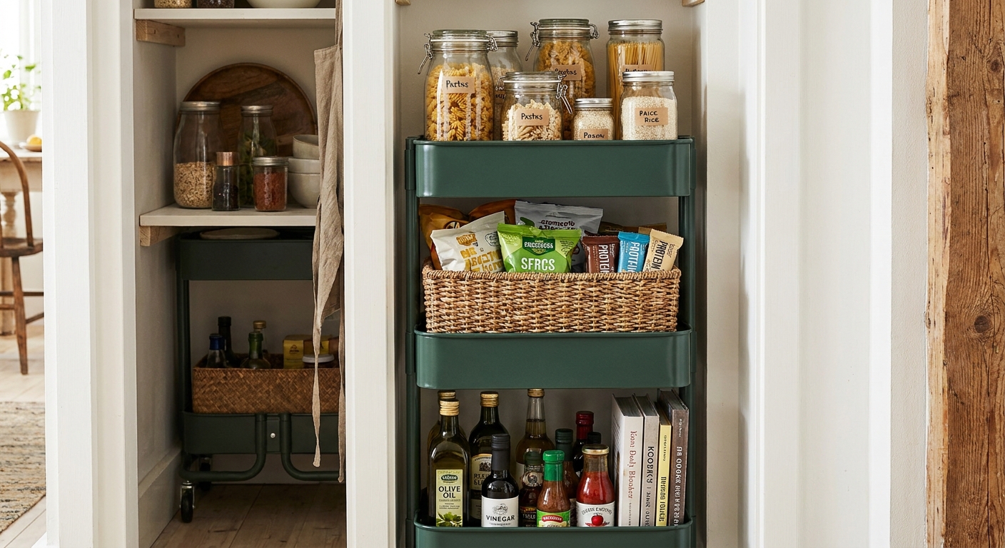 A RÅSKOG cart styled as pantry storage with jars of pasta and rice, a basket for snacks, and bottles grouped neatly