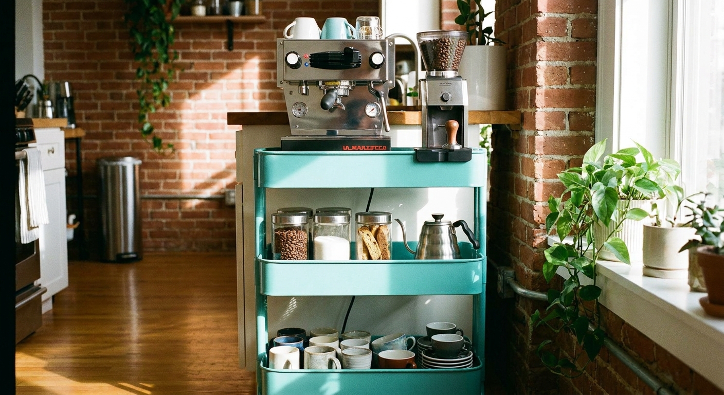 A RÅSKOG cart used as a coffee station with an espresso machine on top, glass canisters on the middle shelf, and mugs neatly arranged below