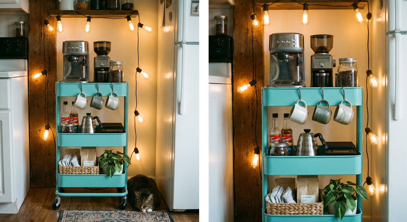 A RÅSKOG rolling cart styled as a compact coffee bar in a small kitchen, with an espresso machine on top, mugs on hooks, and warm ambient lighting