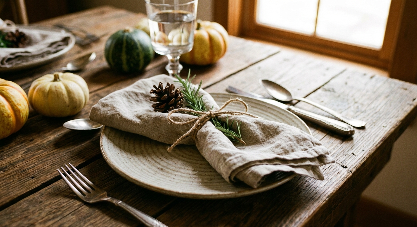 A Thanksgiving place setting with a linen napkin tied with twine and a small pinecone resting on top of a ceramic plate, real photograph