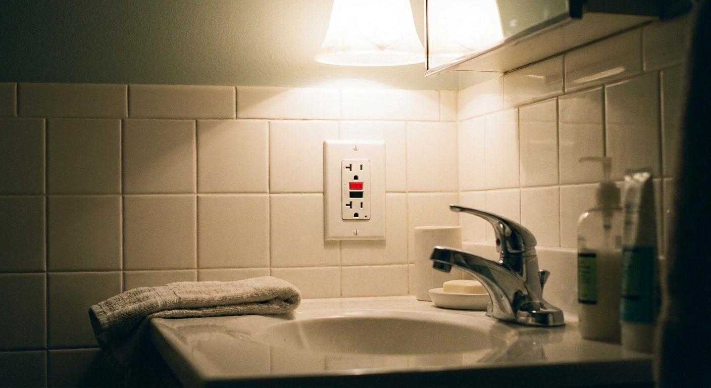 A bathroom GFCI outlet near a sink with the reset and test buttons visible under soft vanity lighting
