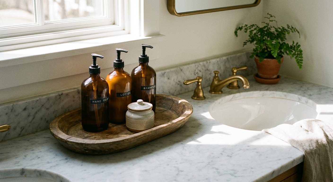 A bathroom countertop with an oval tray holding amber pump bottles and a small lidded jar beside a sink, real photography style