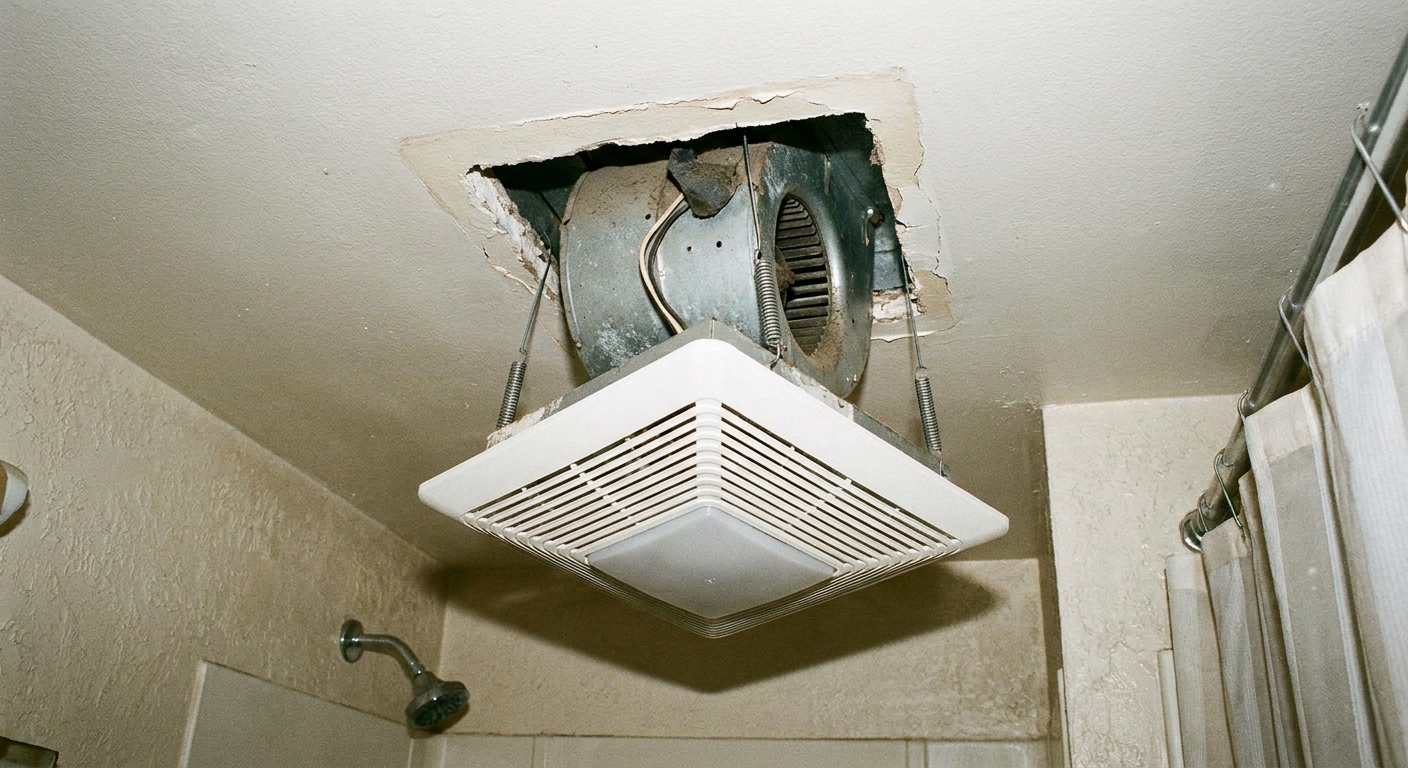 A bathroom exhaust fan grille pulled down from the ceiling showing the metal spring clips and the fan housing opening