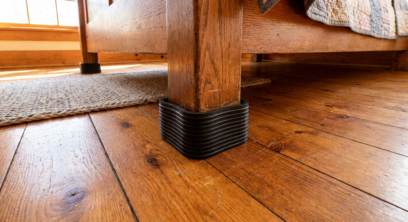 A bed leg resting in a black rubber anti-slip pad on a warm-toned hardwood floor