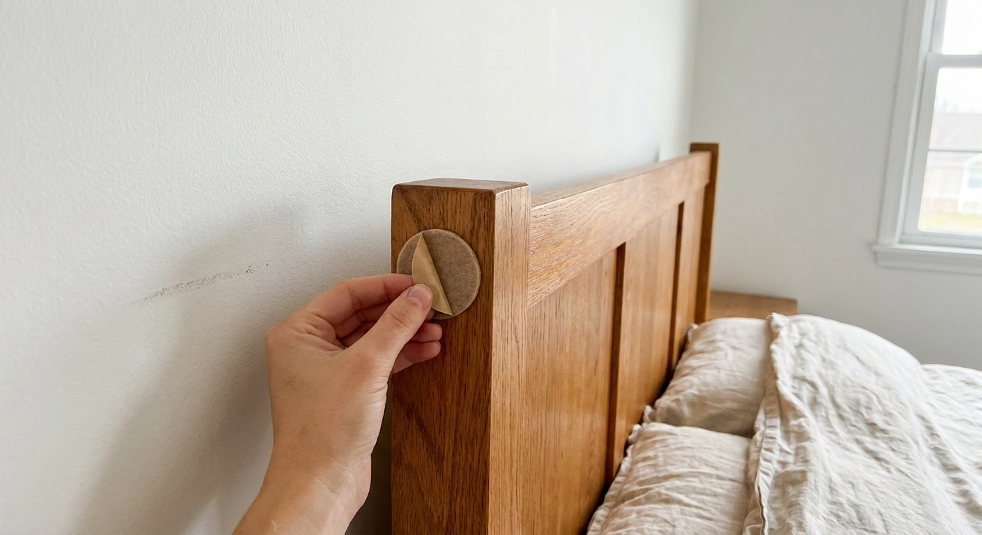 A bed with a wooden headboard pulled slightly away from a white wall while a hand applies a round felt bumper to the back corner where it would contact the wall