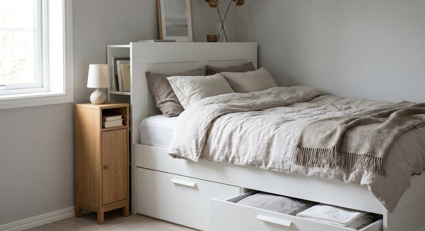 A bedroom scene showing a BRIMNES storage bed with a slim nightstand positioned near the head of the bed to keep side drawers accessible, real interior photography