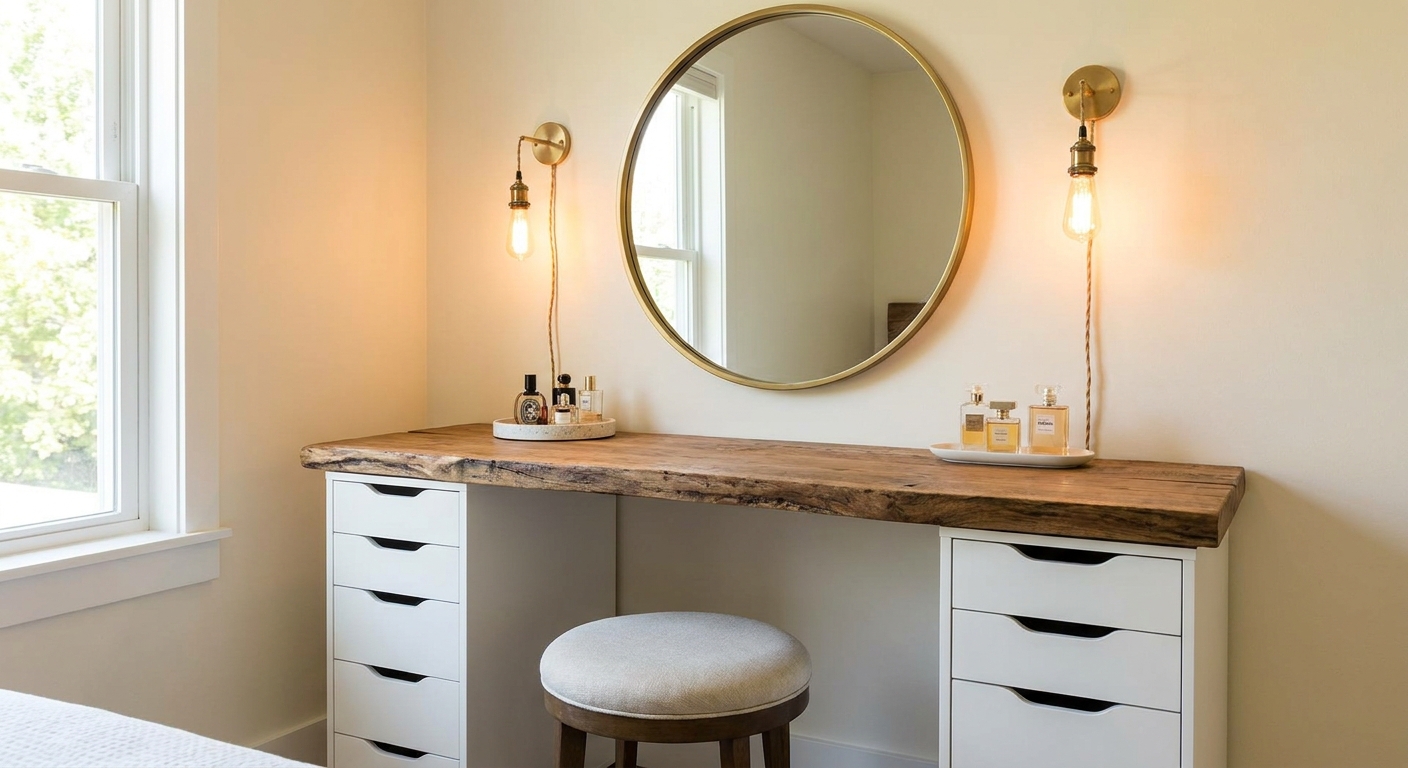 A bedroom vanity with two IKEA Alex drawer units on either side, a thick wood countertop, a round mirror, and warm plug-in sconces for a built-in look
