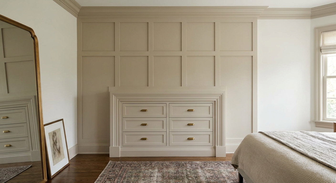 A bedroom wall with a dresser below and simple crown molding and trim details above, creating a custom millwork look