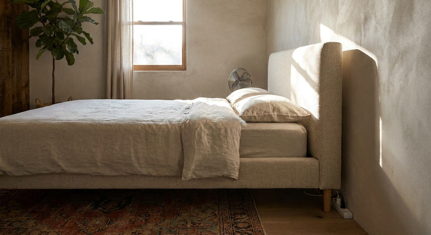 A bedroom with a bed frame pulled several inches away from the wall to allow airflow behind an upholstered headboard