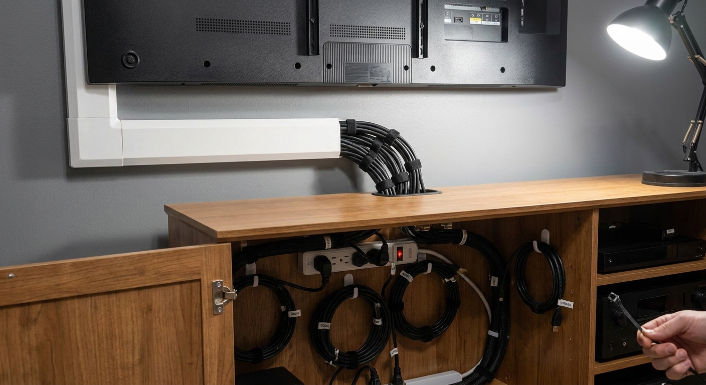 A behind-the-scenes photo showing tidy cord management with a cable channel leading from a wall-mounted TV down into a media cabinet, with cables bundled neatly
