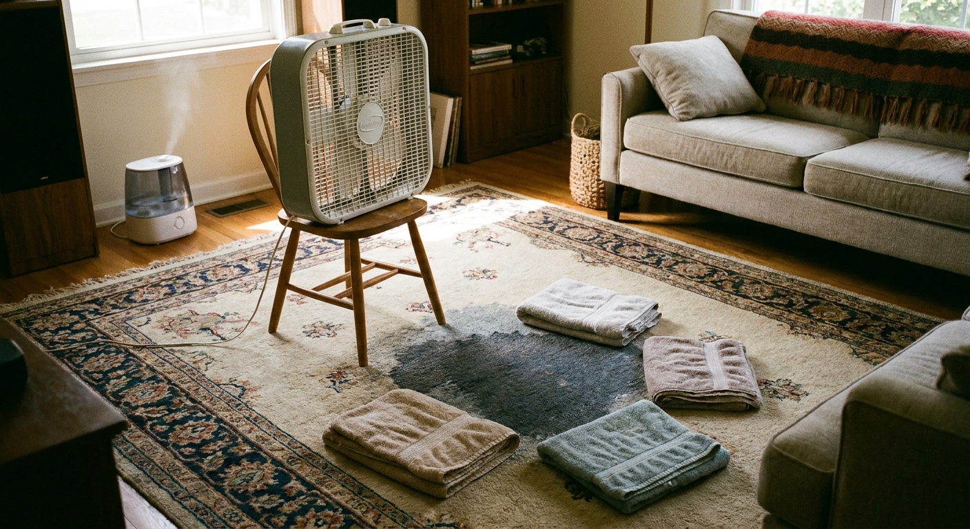 A box fan aimed across a damp area rug spot in a living room with towels nearby, showing a careful drying setup