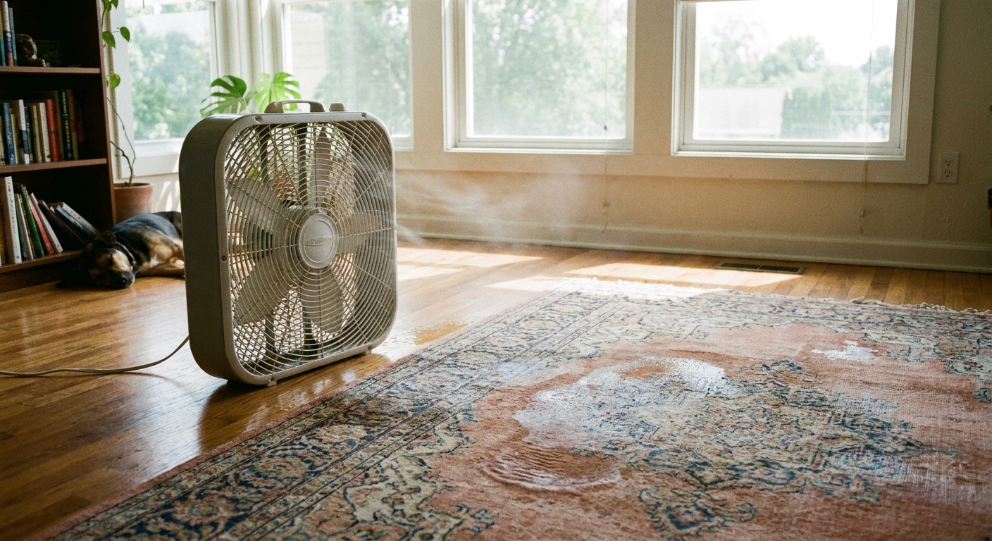 A box fan aimed across the surface of a damp area rug in a bright room to speed drying after cleaning