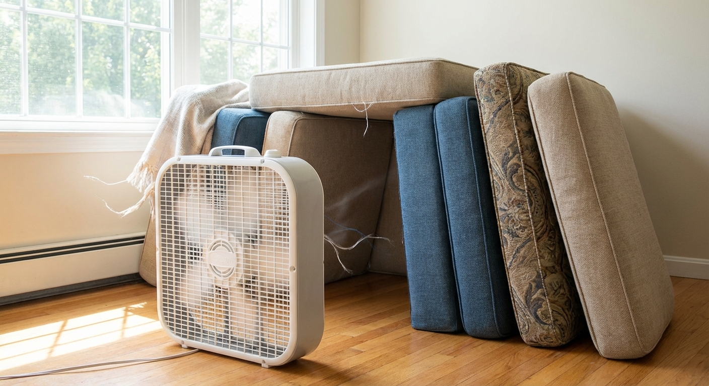 A box fan on the floor aimed across several sofa cushions standing upright in a bright room, creating airflow for fast drying