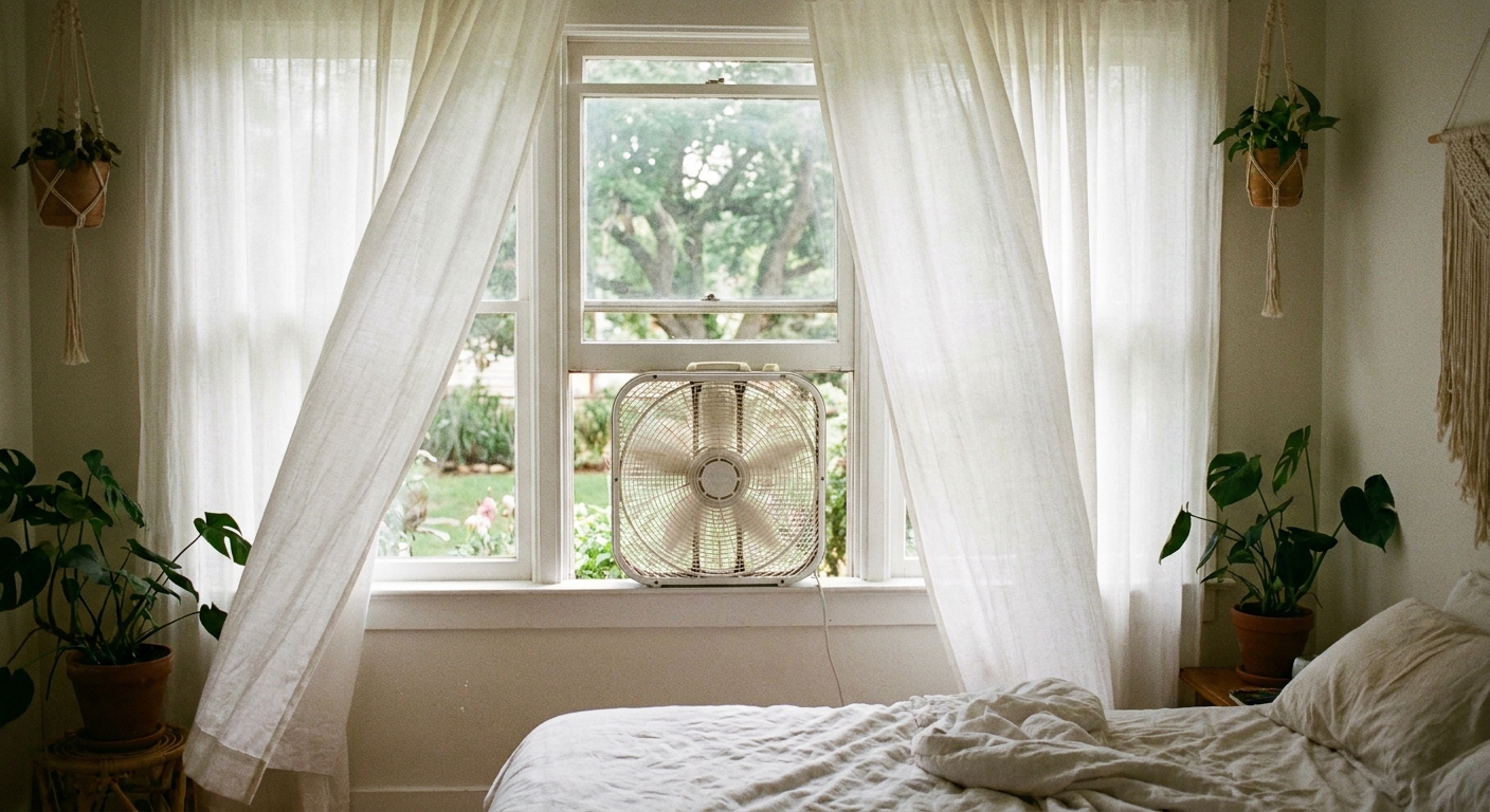 A box fan positioned in an open bedroom window with light curtains moving in the breeze, showing an airy, ventilated space.
