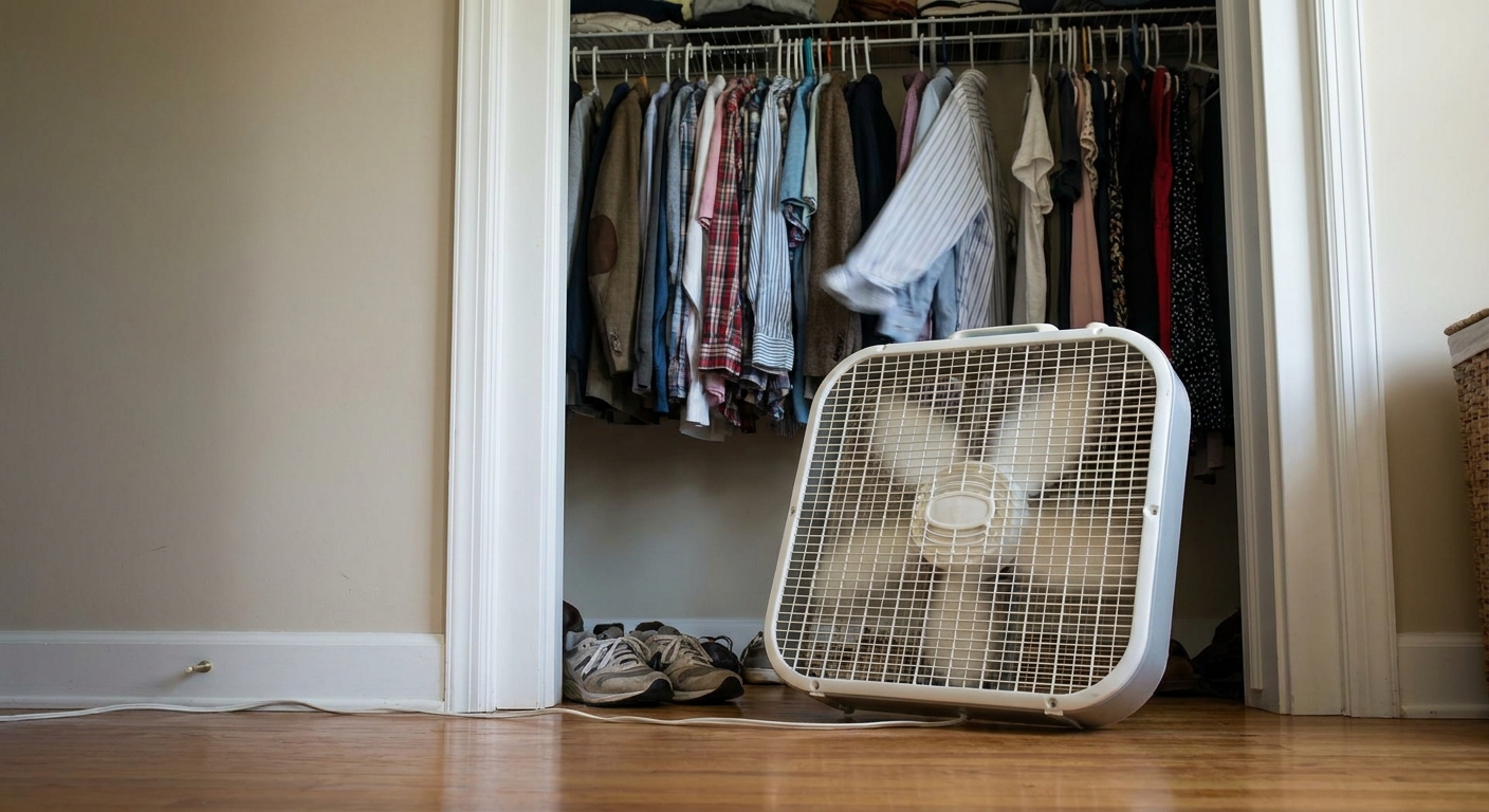 A box fan positioned on the floor facing an open closet, blowing air toward hanging clothes that are spaced apart, realistic home photo