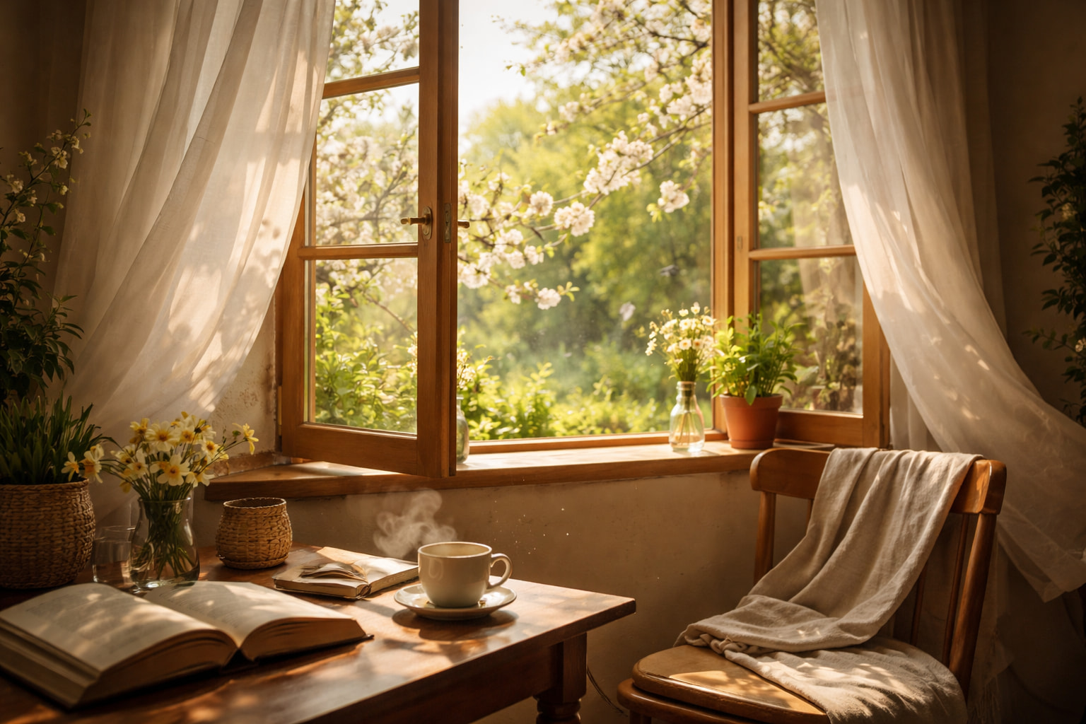 A brand new upholstered sofa positioned near wide open living room windows with sheer curtains billowing in daylight, realistic home interior photography