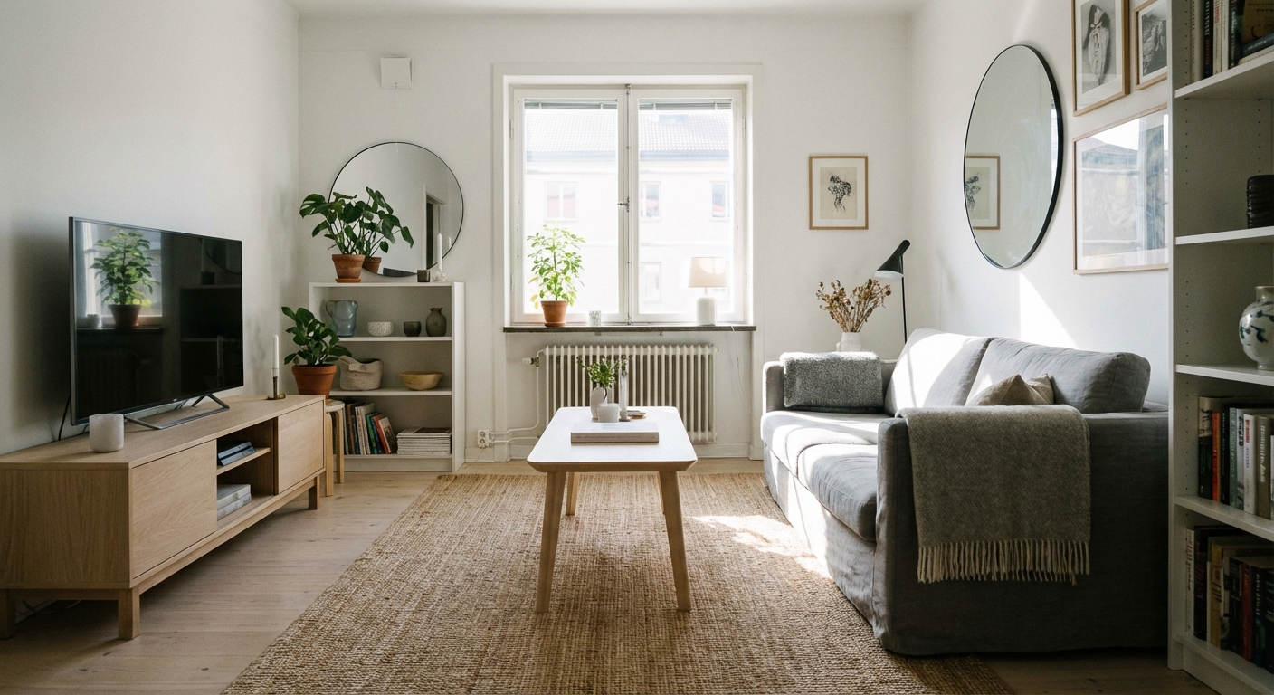 A bright Scandinavian living room with white walls, pale oak furniture, a simple gray sofa, a woven rug, and a large window flooding the room with daylight, real interior photography style