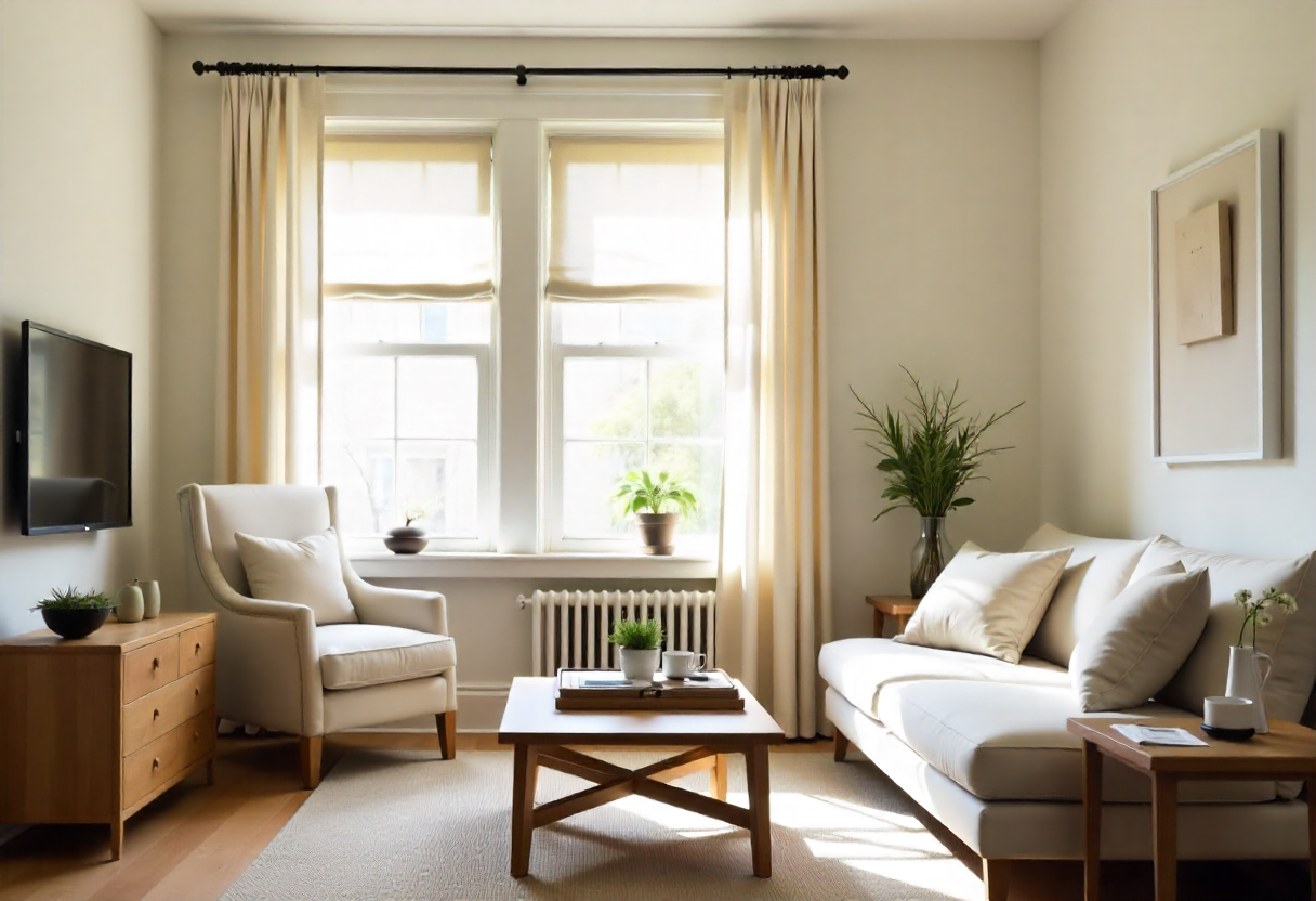 A bright apartment window with off-white linen curtains on a rod near the ceiling, sunlight washing over a wooden floor and a leafy plant by the sill, realistic interior photography