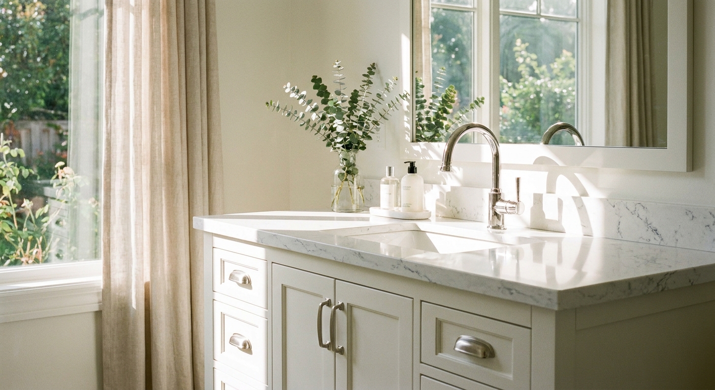 A bright bathroom vanity with brushed nickel drawer pulls, a polished chrome faucet, and a white quartz countertop, photographed in soft morning light
