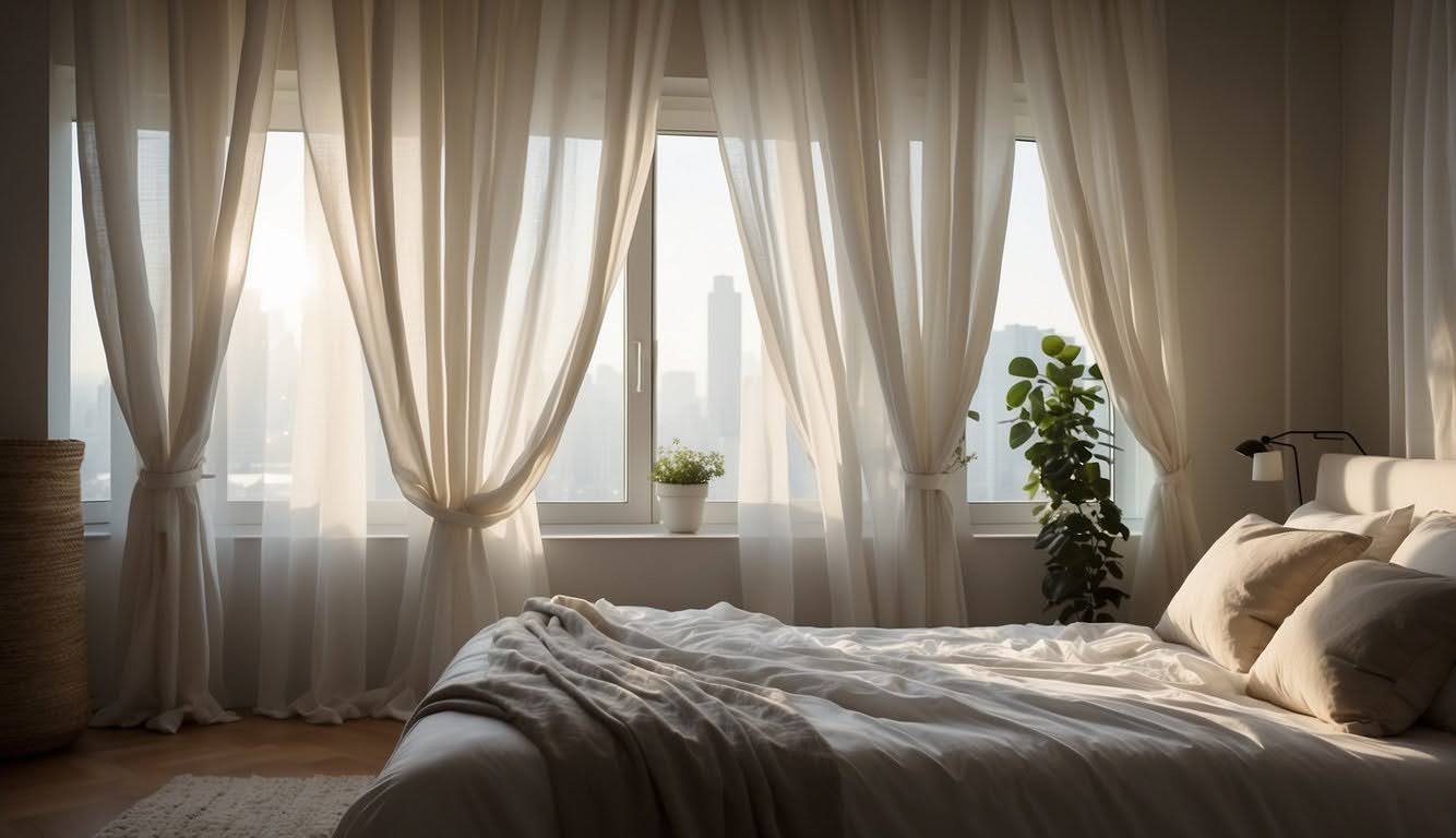 A bright bedroom with freshly washed white bedding, linen curtains, and sunlight hitting the bed, creating a clean and airy feel
