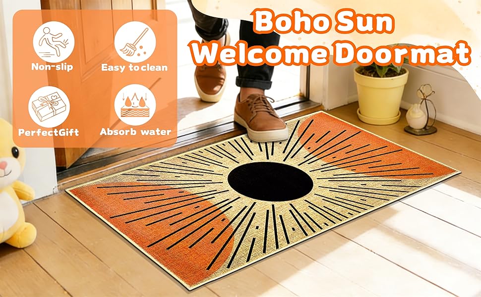 A bright entryway with a woven doormat on a sealed hardwood floor, soft morning sunlight coming through the door, real photo