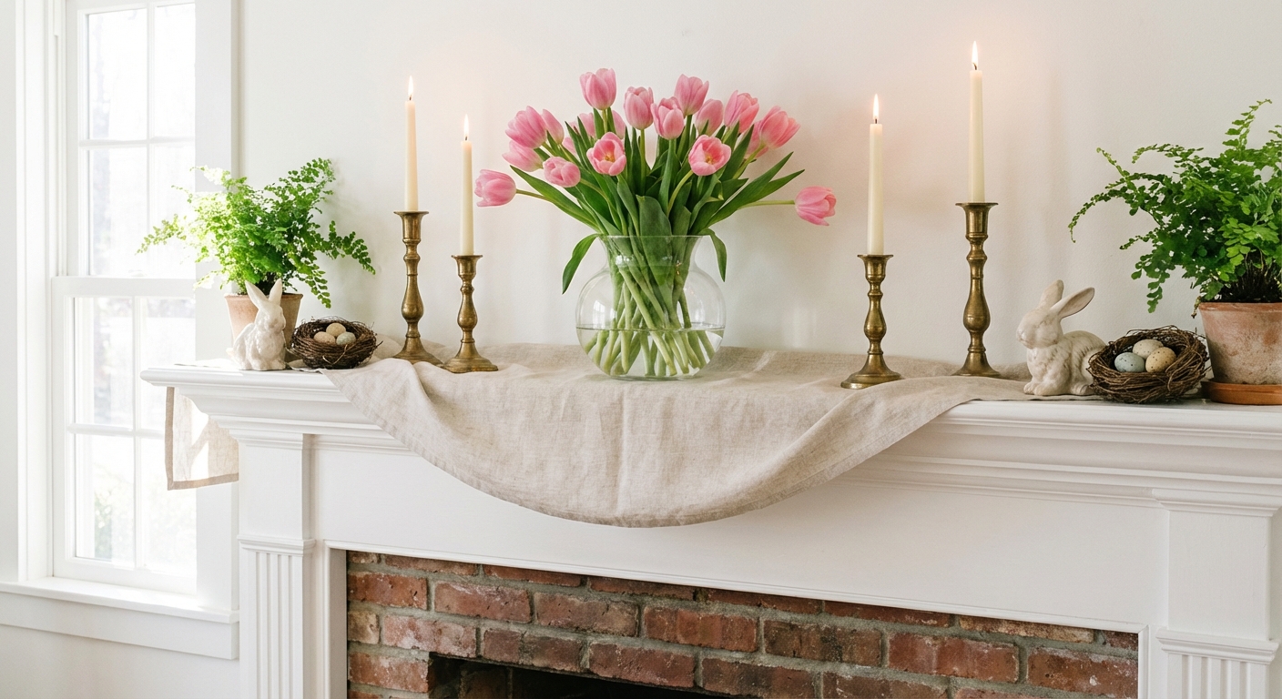 A bright fireplace mantel styled for spring with a clear glass vase of pink tulips, ivory taper candles in brass holders, and a light linen runner