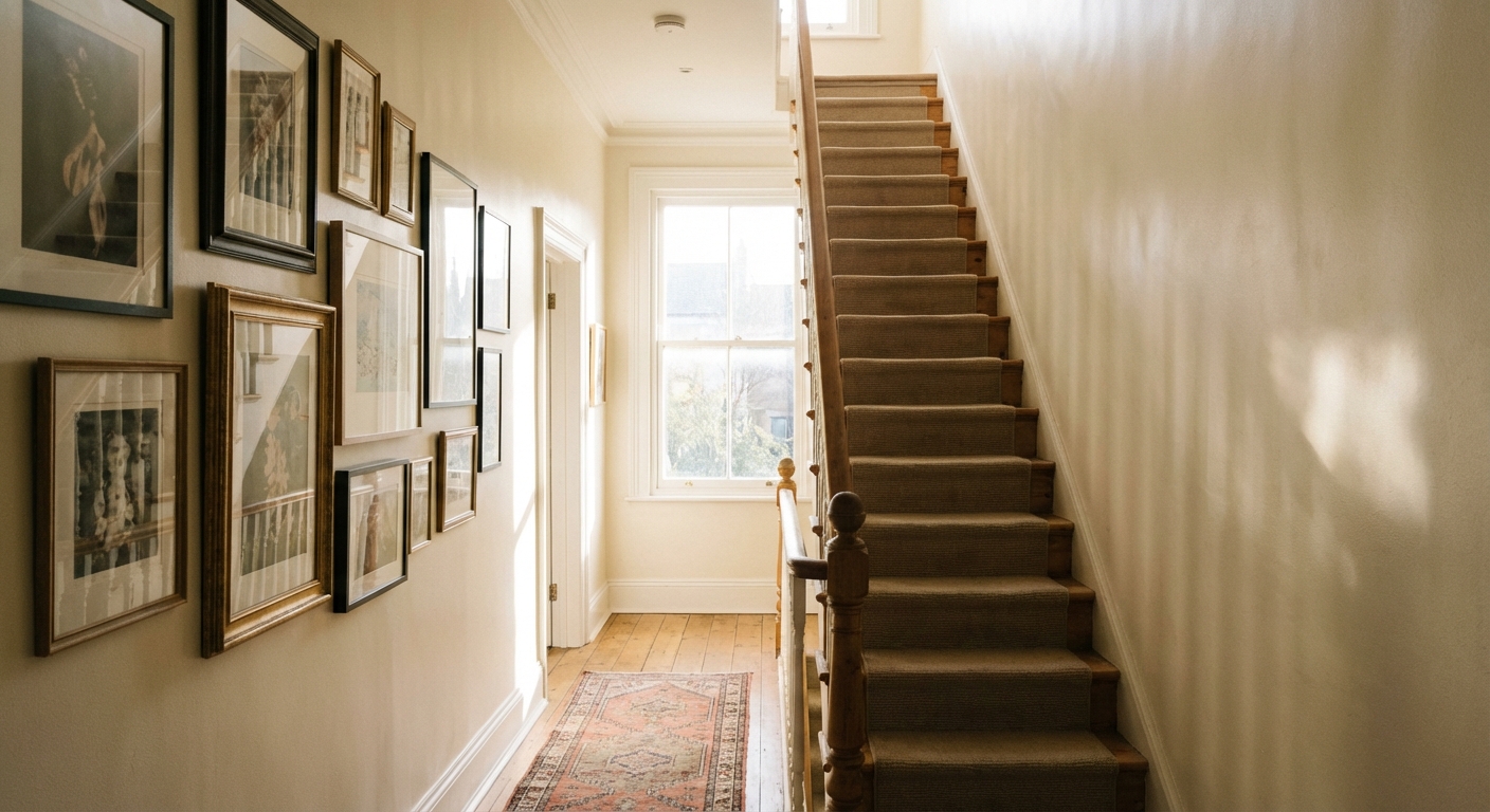 A bright hallway with satin-finish painted walls reflecting a gentle sheen in daylight, with a staircase and framed art along the wall, realistic home photography style