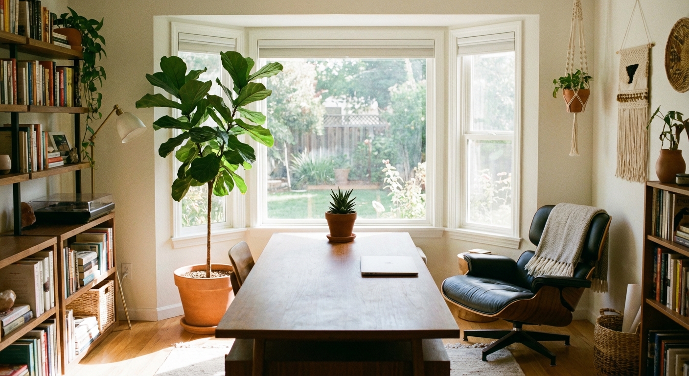 A bright home office with a desk near a window, a tall floor plant beside the desk, a small plant on the desktop, and a comfortable chair