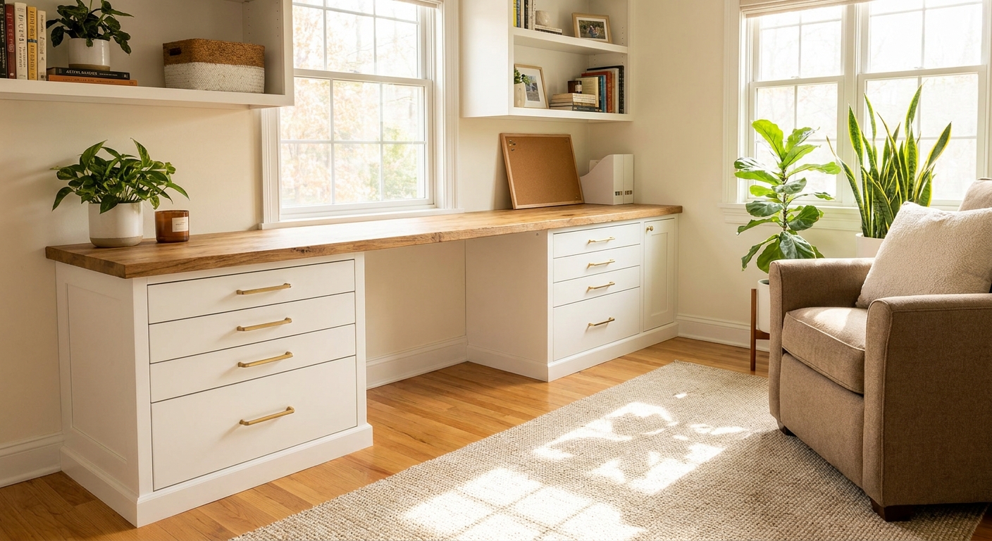 A bright home office with two white IKEA Alex drawer units supporting a wood desktop, finished with side panels and baseboard trim so the setup looks like a built-in