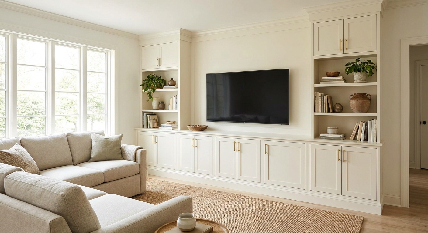 A bright living room with a wall of IKEA BESTÅ units styled like a built-in media wall, with painted filler panels, baseboard trim, crown molding, and a wall-mounted TV centered above the cabinets