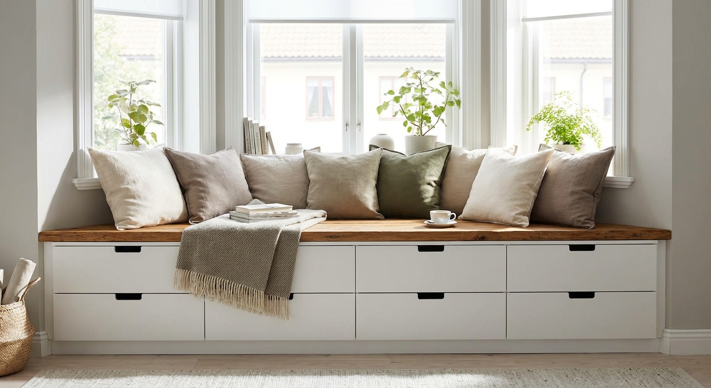 A bright room with IKEA NORDLI drawers installed under a window, topped with a stained wood cap and styled as a window seat with linen pillows