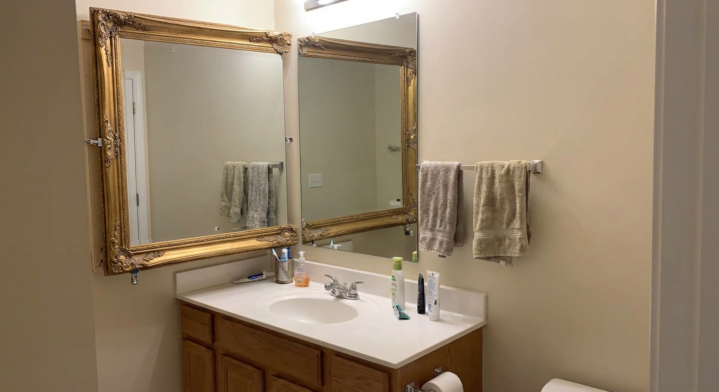 A builder-grade bathroom mirror upgraded with a removable antique-gold frame above a simple vanity, real photography style
