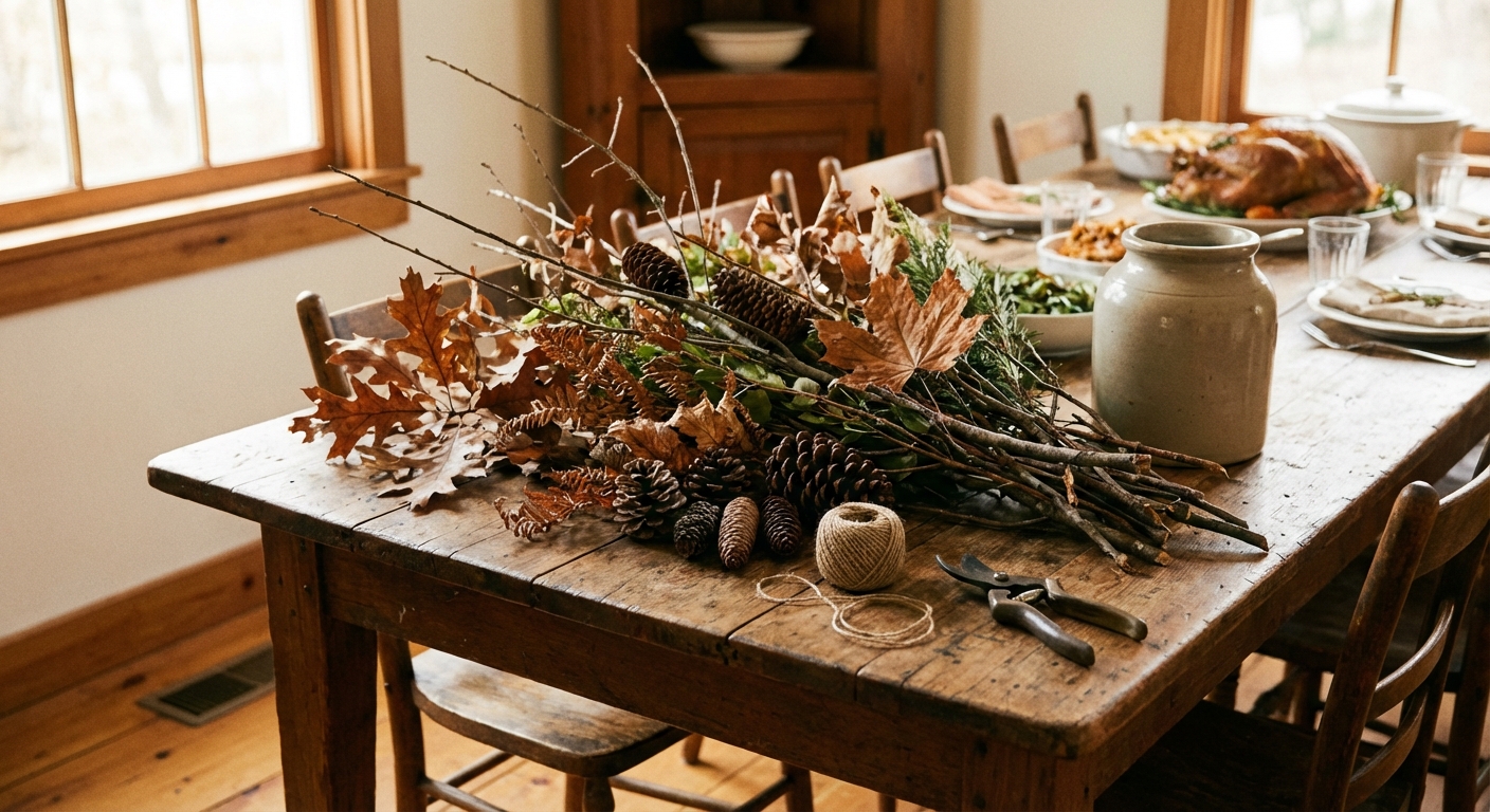 A bundle of seasonal branches, dried leaves, and pinecones laid out on a wooden dining table ready to be arranged for Thanksgiving, real photograph