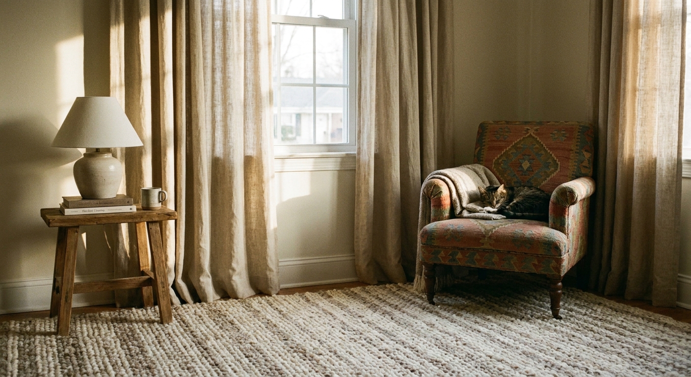 A calm living room corner with solid linen curtains, a textured neutral rug, and a patterned accent chair, warm afternoon light, real photo style