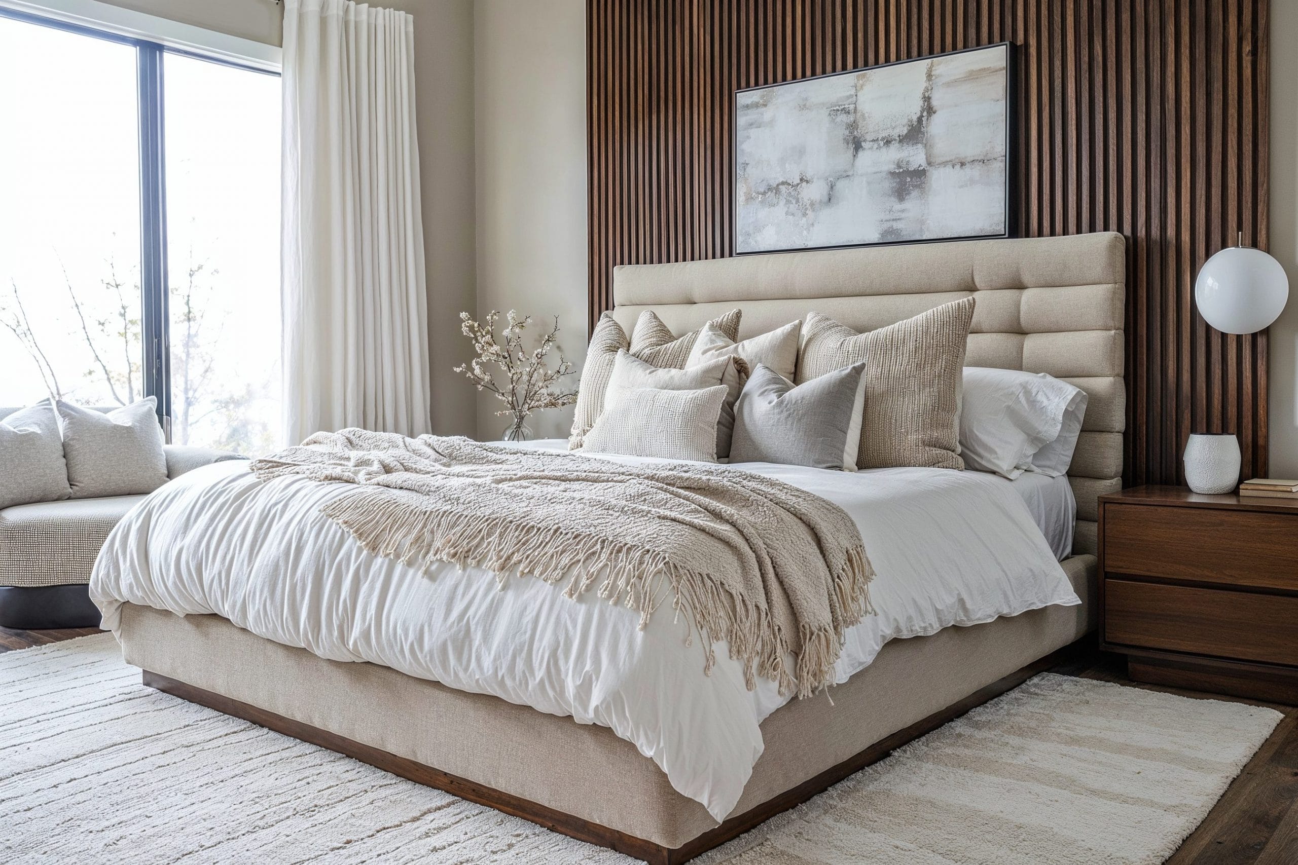 A calm neutral bedroom with an upholstered headboard, soft linen bedding, and morning light creating a cozy, relaxed atmosphere