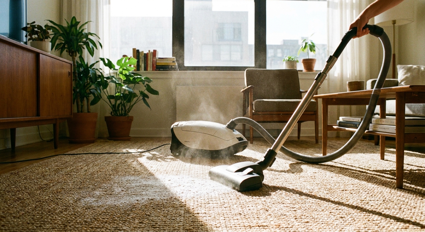A canister vacuum cleaning fine absorbent powder off a sisal rug in a bright apartment, realistic home photo