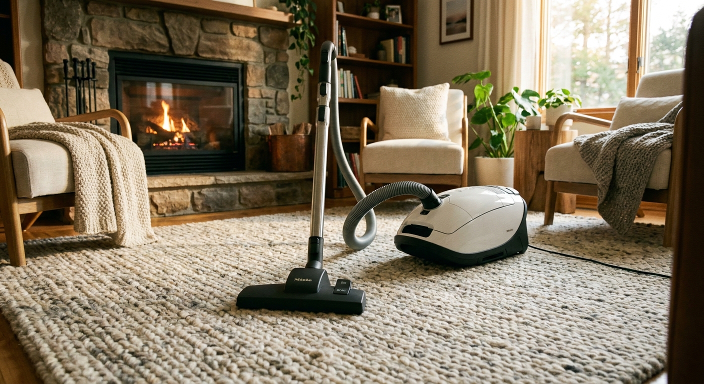 A canister vacuum with a smooth suction-only floor tool positioned on a wool area rug in a cozy living room