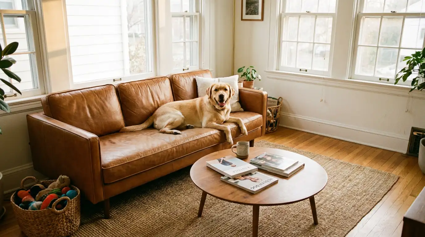 A caramel brown top-grain leather sofa with a soft knit throw, and dog hair being wiped away with a cloth in a sunlit living room, real photograph