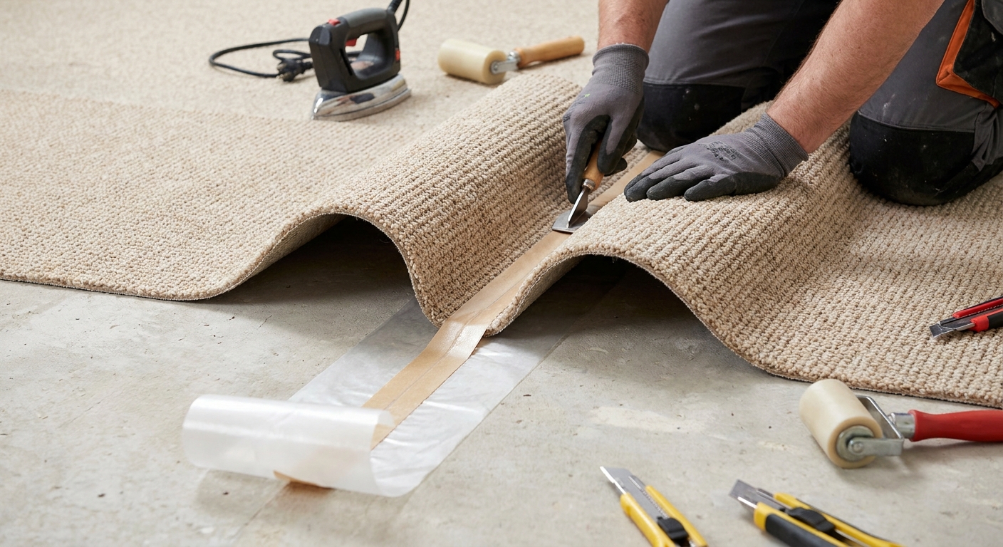 A carpet seam area during installation with seam tape visible and carpet edges being joined on the floor