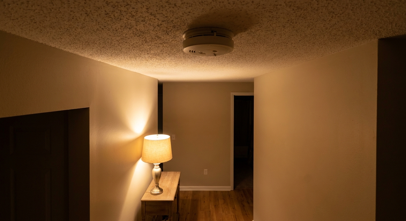 A ceiling-mounted smoke alarm in a rental apartment hallway with a soft warm lamp glow nearby, realistic home interior photo