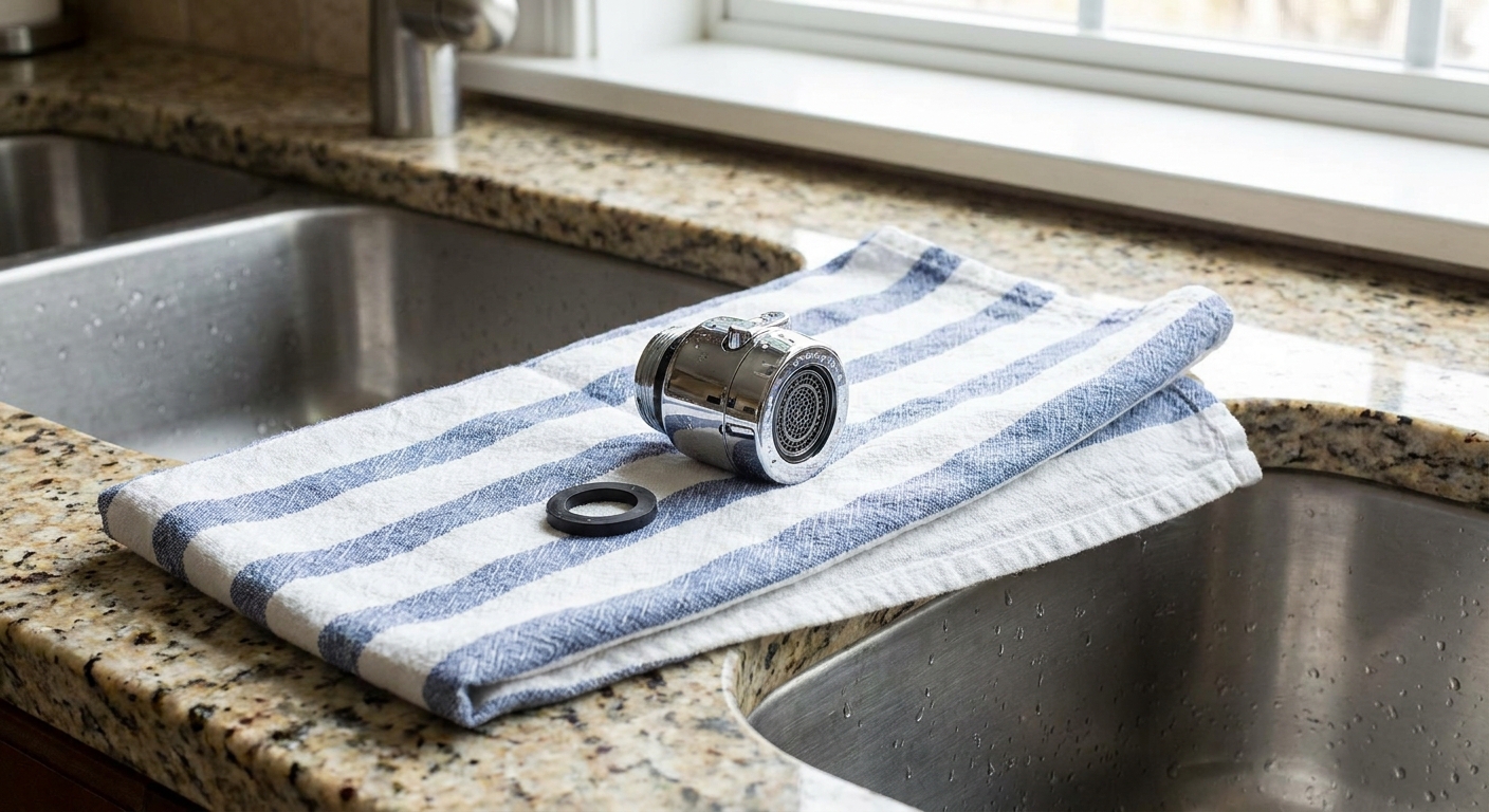 A chrome faucet aerator and rubber washer resting on a folded towel on a kitchen countertop next to a sink, close-up realistic photograph
