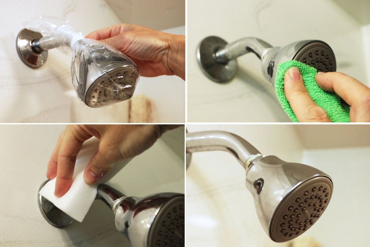 A chrome showerhead resting in a clear bowl of vinegar on a white bathroom sink, with soft natural light and a small scrub brush nearby, realistic photo