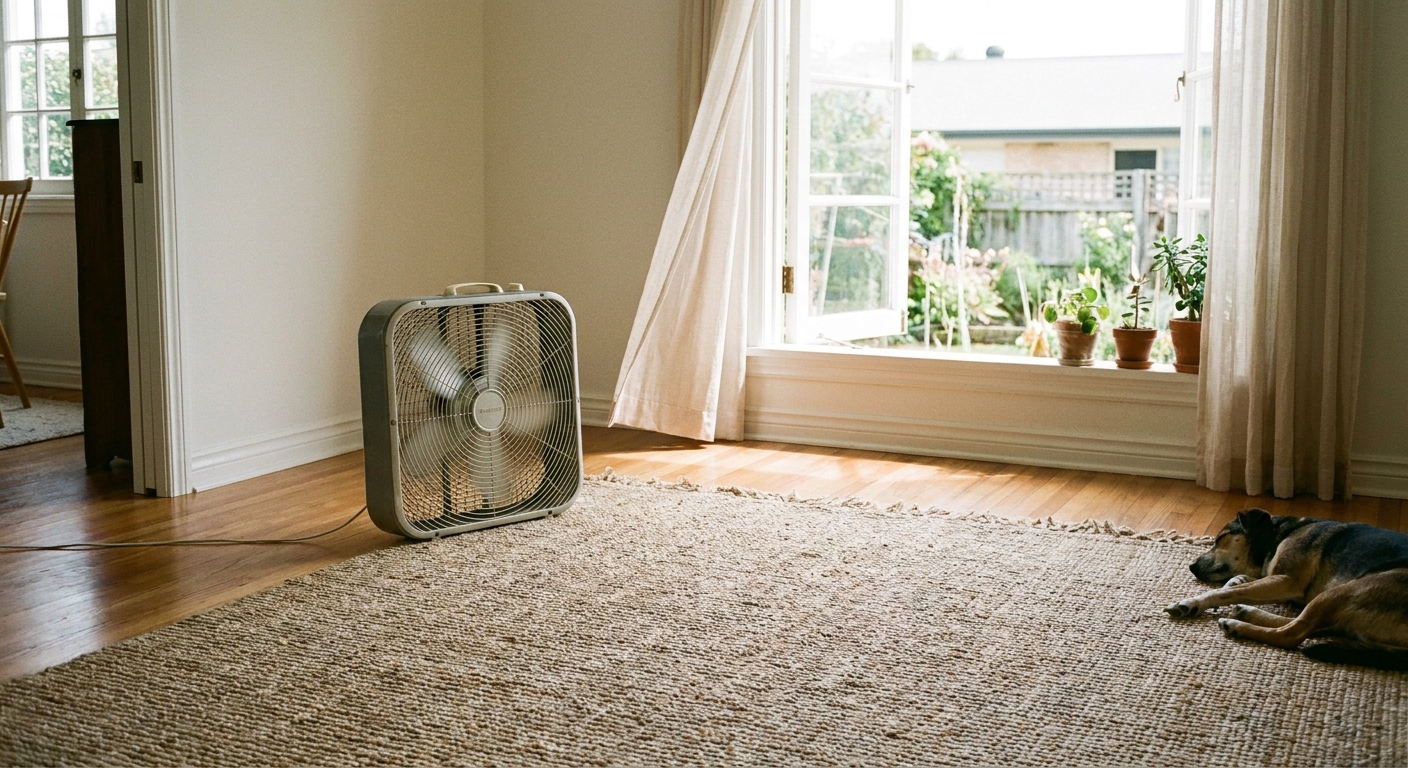 A clean area rug laid flat indoors with a box fan blowing across the surface near an open window in bright daytime light