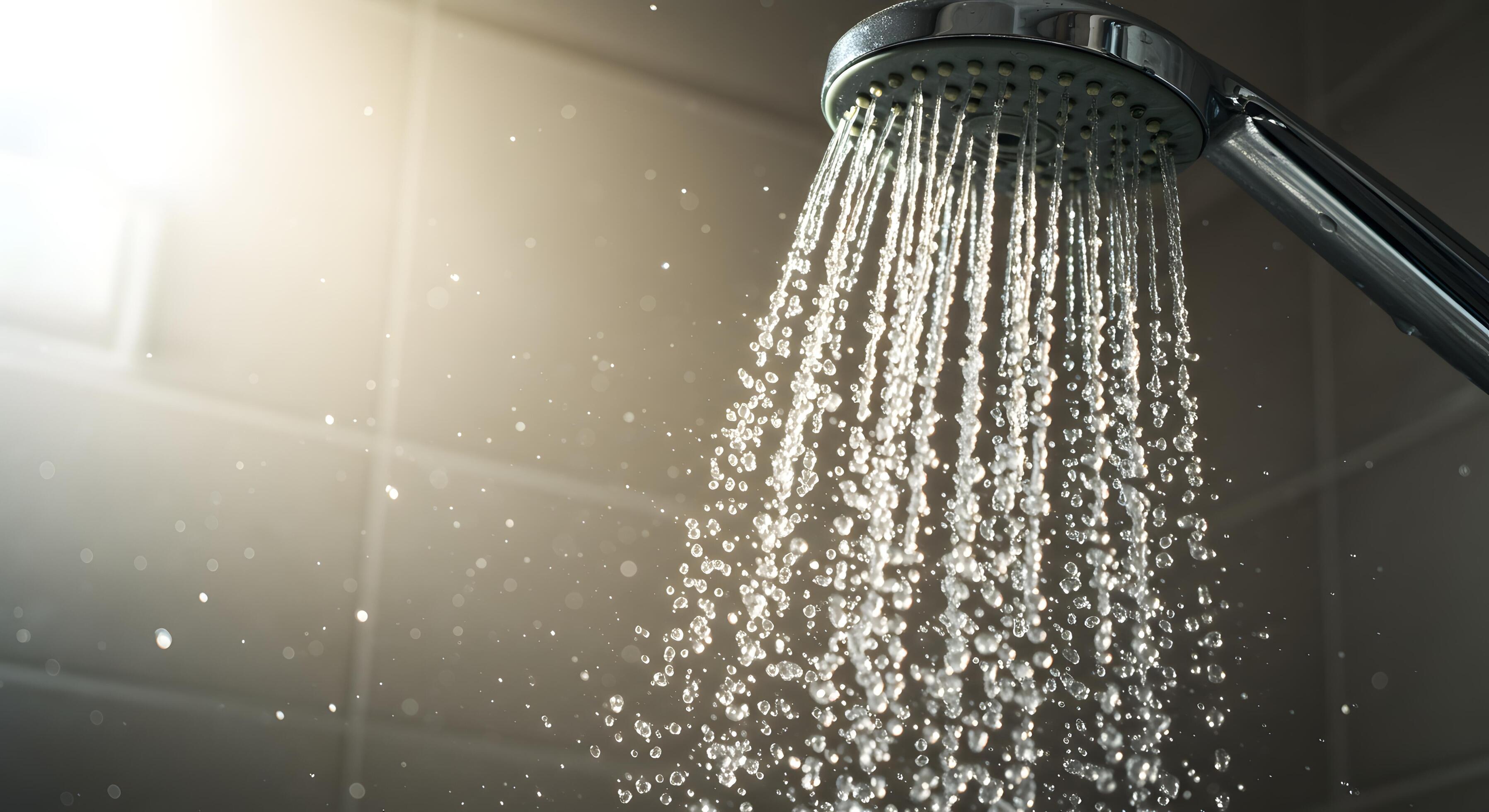 A clean chrome showerhead spraying an even stream of water in a bright tiled shower, realistic photo