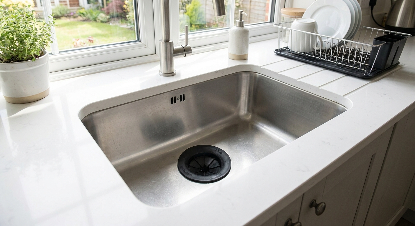 A clean kitchen sink basin with a black rubber garbage disposal splash guard in the drain opening, bright natural daylight and tidy countertops