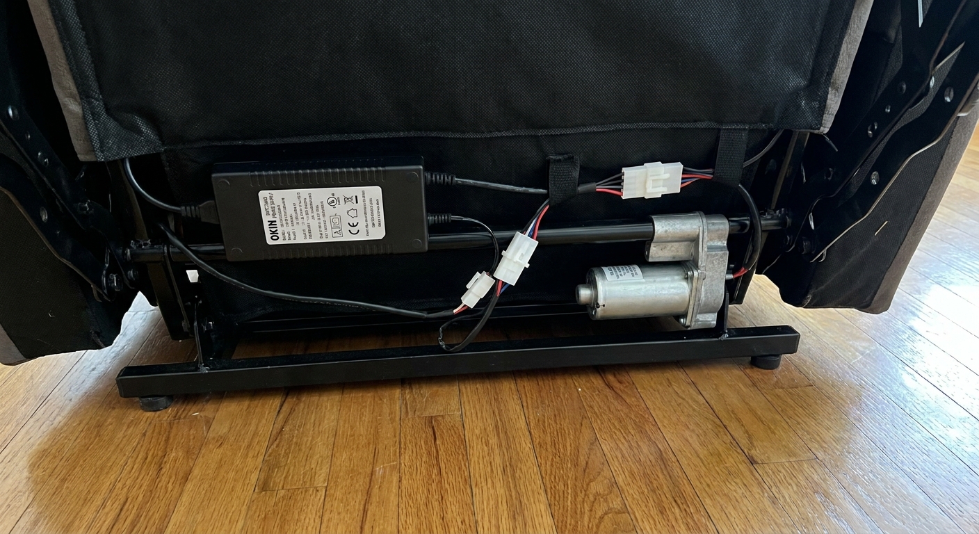 A clear photo of the underside of a power recliner showing the transformer brick and wiring connectors near the motor, photographed on a hardwood floor
