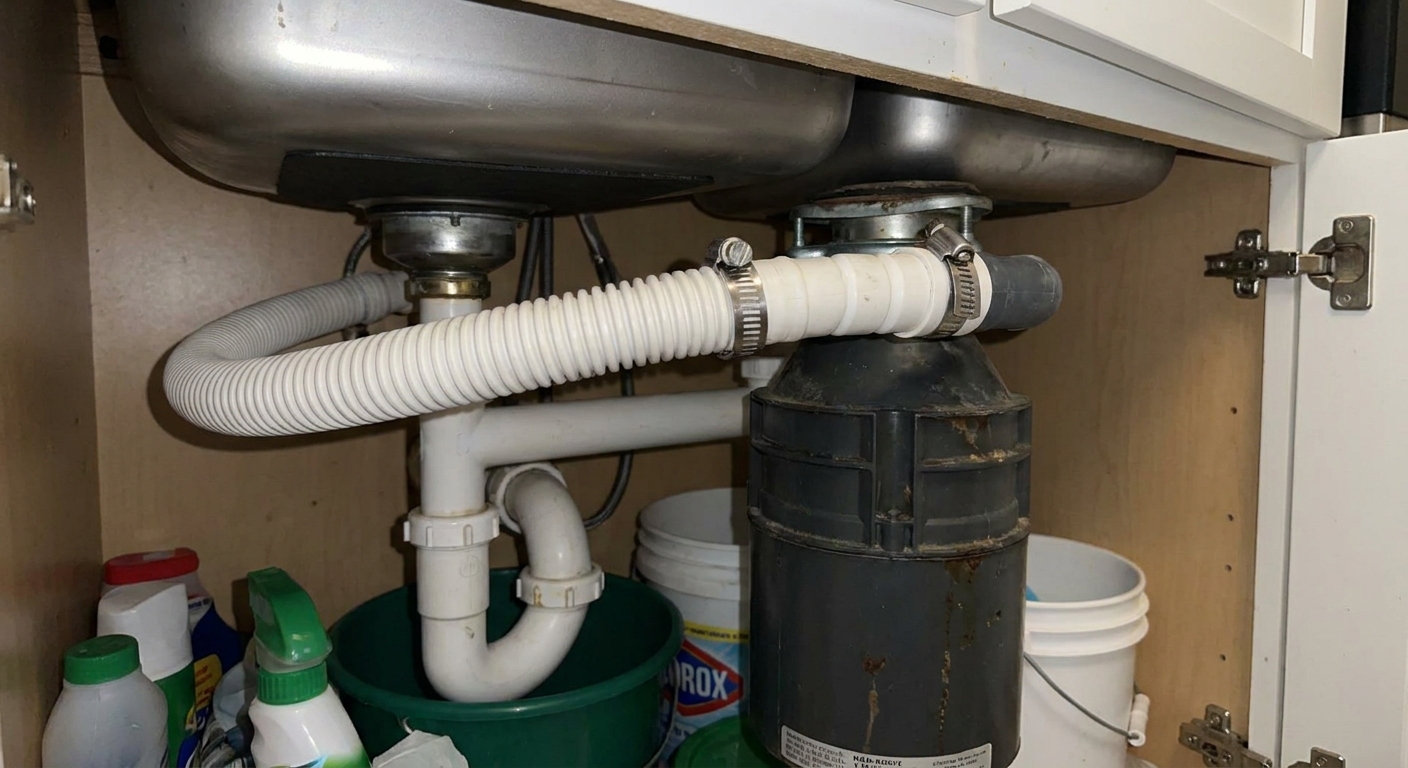 A clear under-sink view showing a dishwasher drain hose connected to a garbage disposal inlet with a hose clamp, typical rental plumbing setup